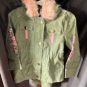 Little Lass Olive Jacket with Pink Floral Details